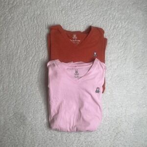 Psycho bunny men's orange and pink v neck tshirt lot of 2 embroidered logo‎